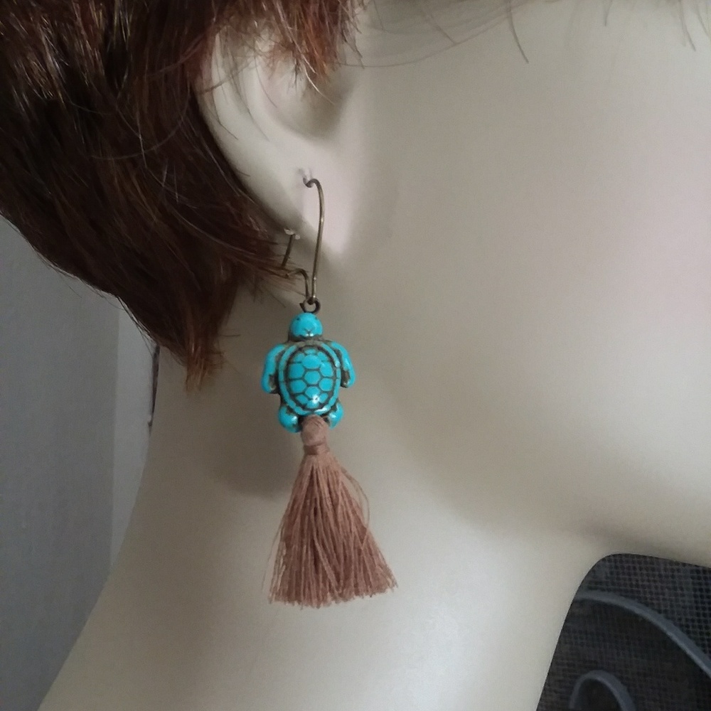 SEA TURTLE turquoise carved tassel earrings...Fun!
